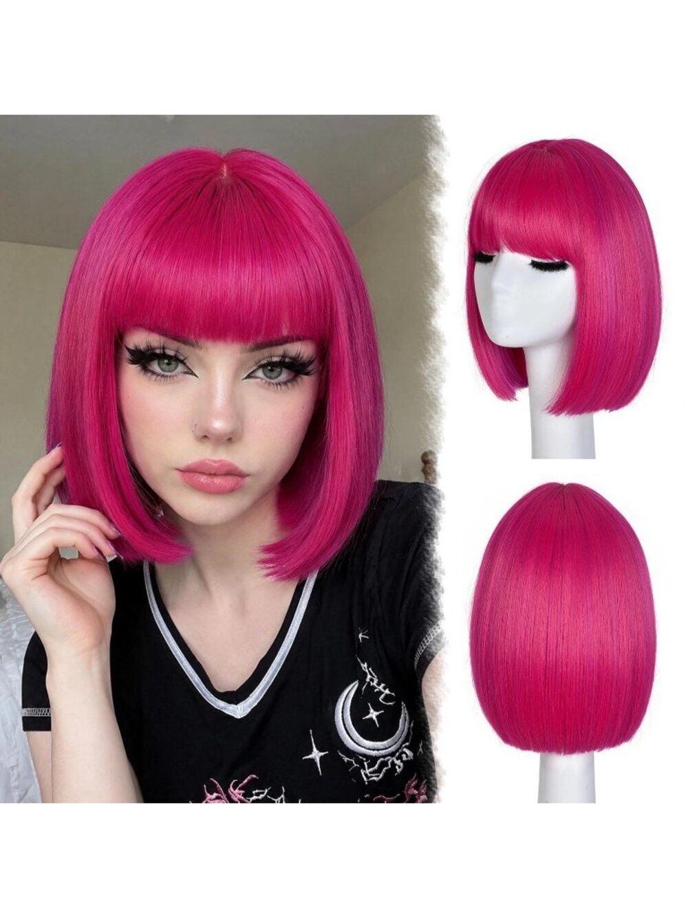12inch Women's Hot Pink Straight Bob Wigs Synthetic Natural Looking With Bangs